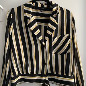 Who What Wear Striped Button Down Tie Waist Top